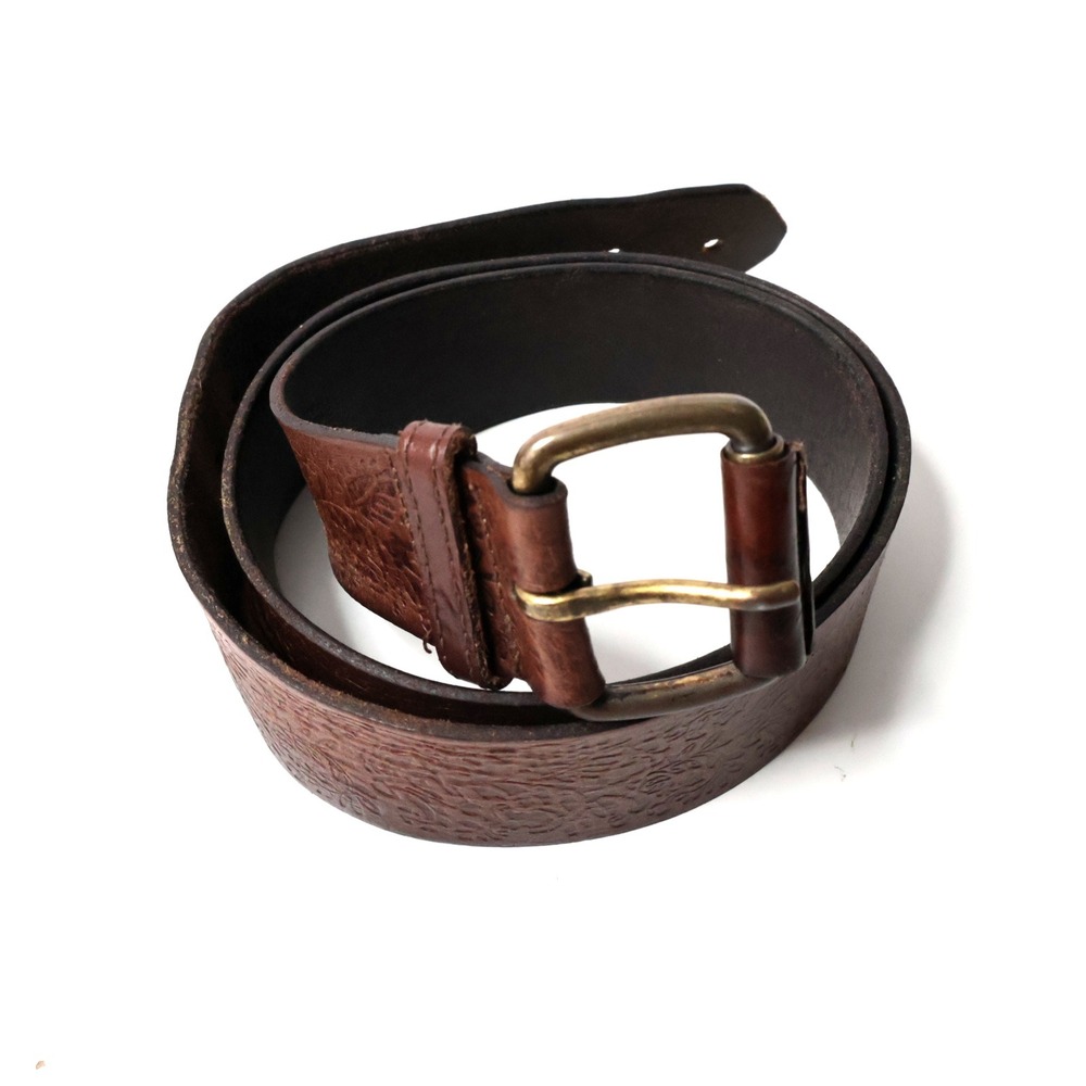 Leather Belt Brown Floral Tooled Genuine Vintage Style‎ Brass Buckle Size 42